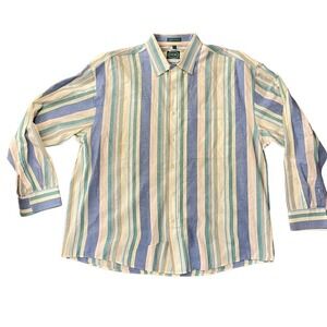 Vintage IZOD Mens Striped Button Down Shirt Long Sleeve Cotton Cream Blue XL